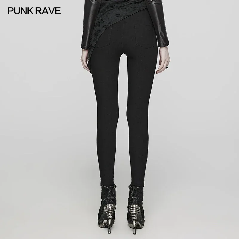 PUNK RAVE Women\'s Punk Elastic Twill Woven Hollow Leggings Split Slim Sexy Pants Women Clothing Spring/Auntumn