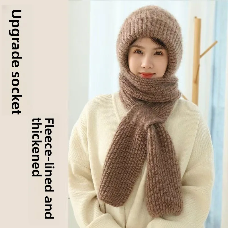 Winter Knitted Integrated Hat Scarf Set Cold Proof Ear Protection Scarf Warm Beanies Cycling Windproof Ladies Outdoor Caps