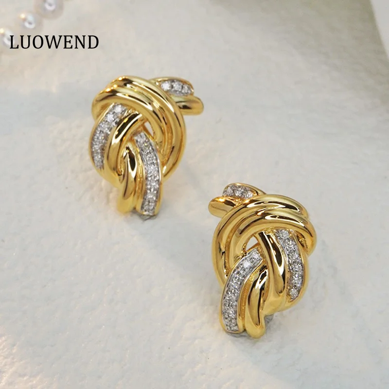 

LUOWEND 18K Yellow Gold Earrings Fashion Metal Style Design 0.16carat Real Natural Diamond Stud Earrings for Women Party Jewelry