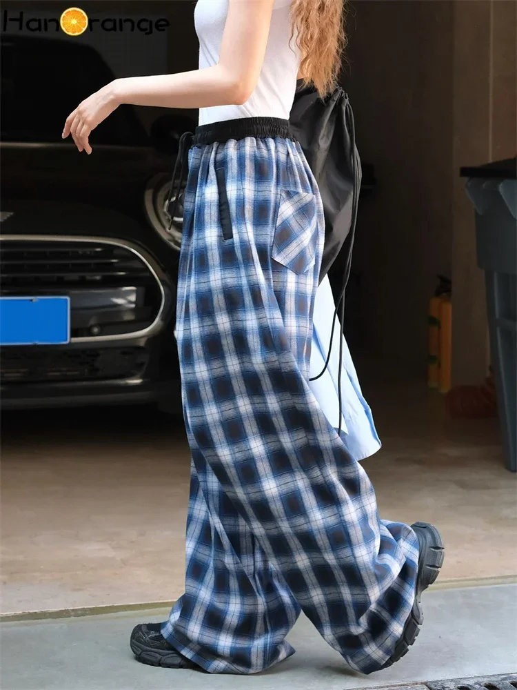 HanOrange 2024 Autumn Winter Retro Plaid Wide Leg Pants Women Loose Elastic Soft Trousers Blue/Black