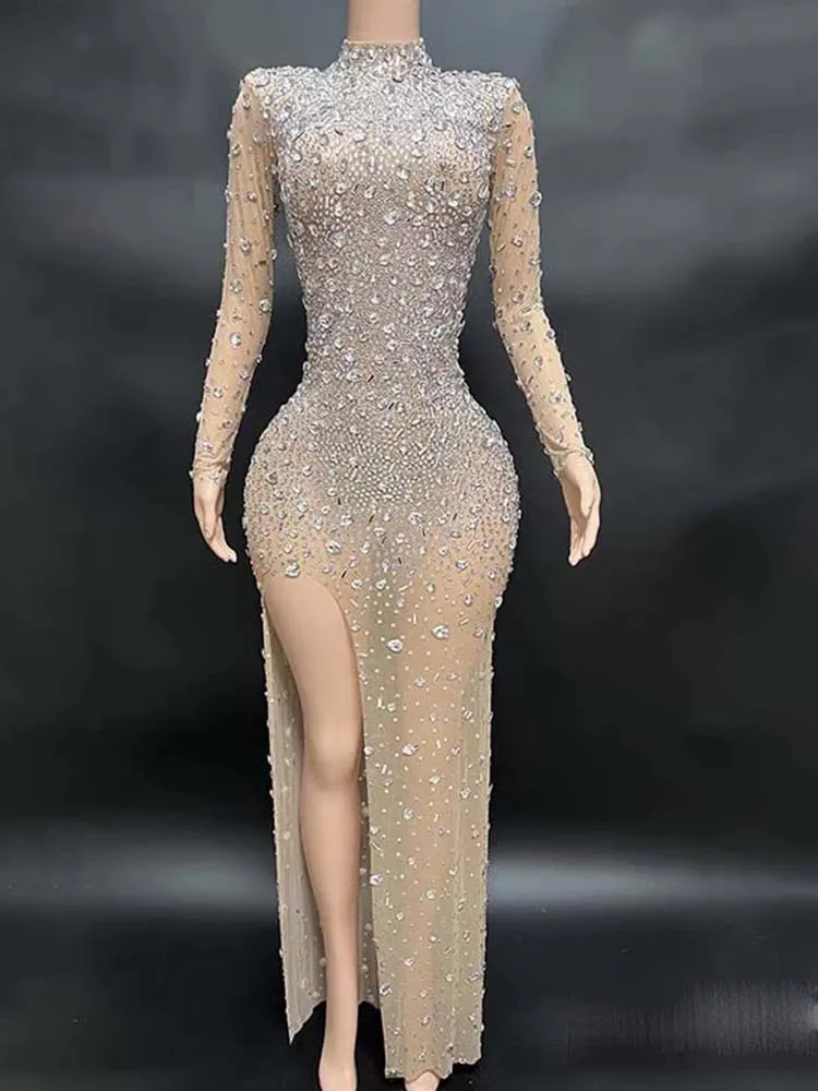 

High Quality Hot Stamping Sexy Perspective Mesh Elastic Slit Dress 2025 New Fashionable Custom Women'S Clothing