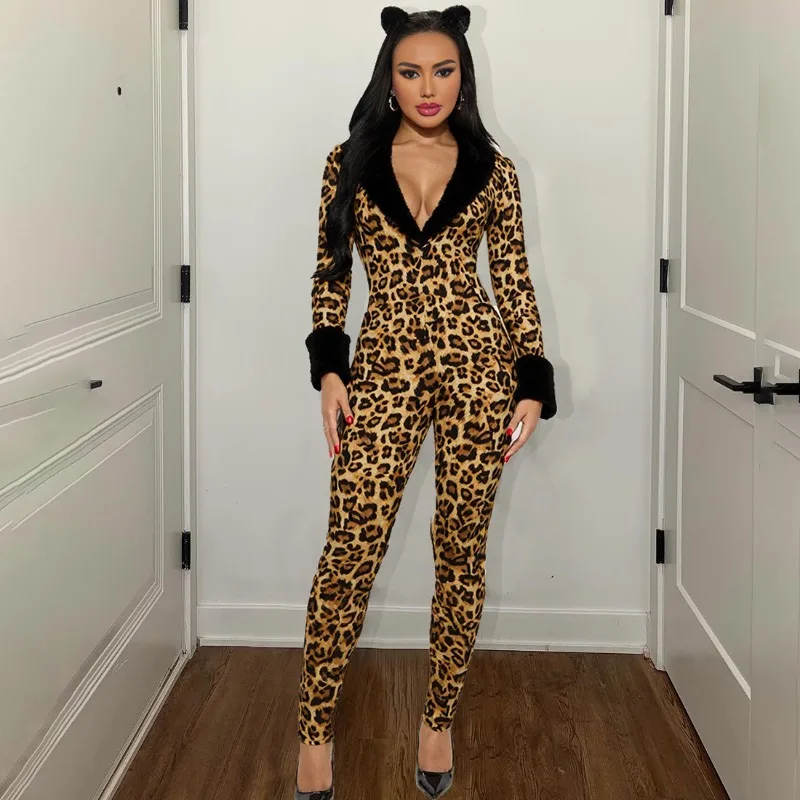 

Furry Collar Patchwork Leopard Print Skinny Jumpsuits Women Sexy V Neck Long Sleeve Peach Hips Slim Streetwear Overalls Clubwear