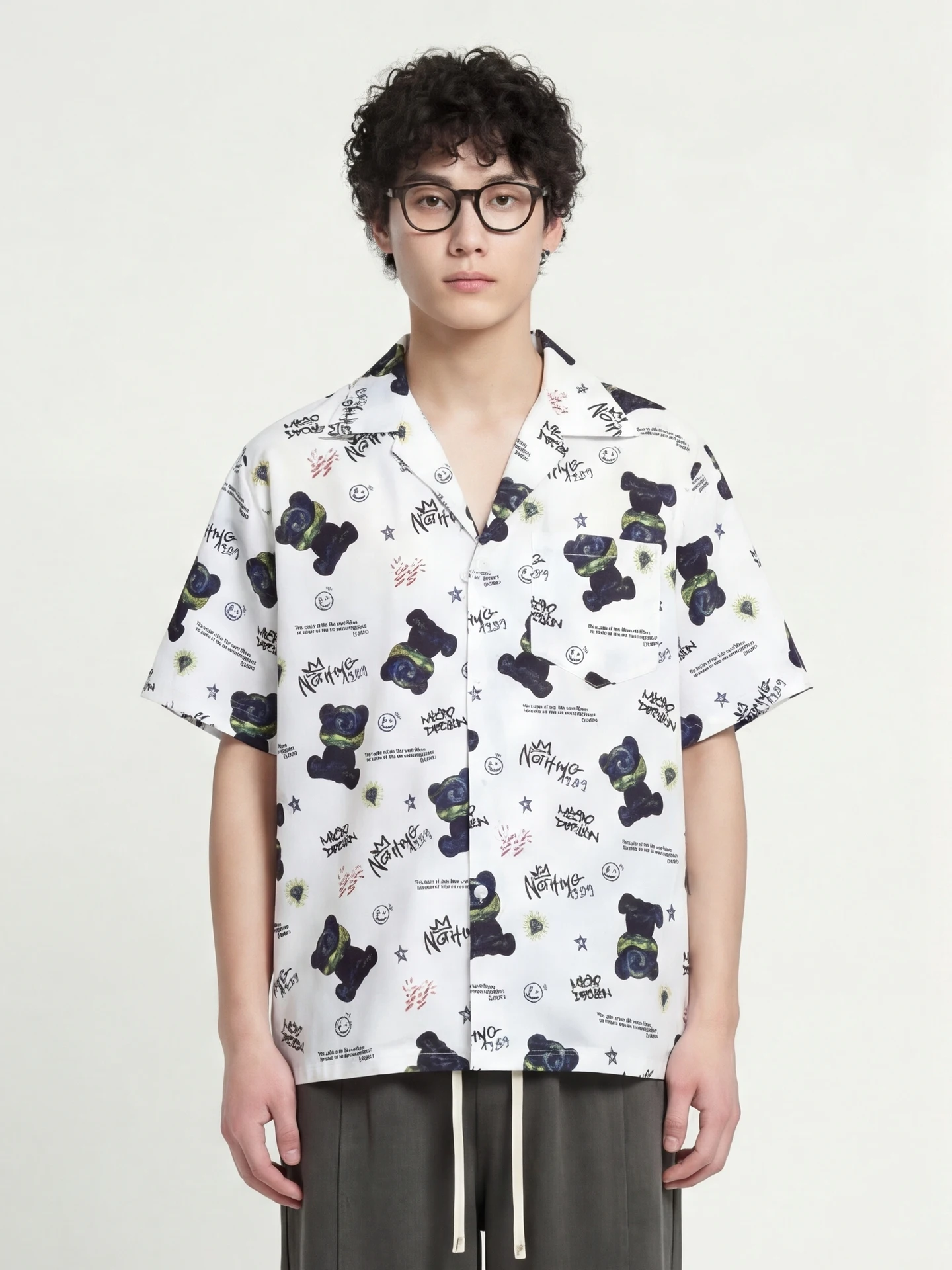 

Свободный летний кардиган с кубинским воротником и ретро-надписями, дышащий, из полиэстера, для повседневной носки