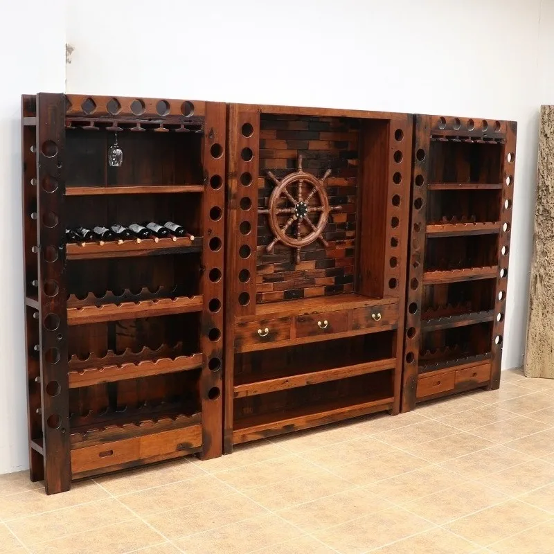 wine cabinet combination, solid wood small apartment living room wine cellar rack, wine glass hotel villa display rack
