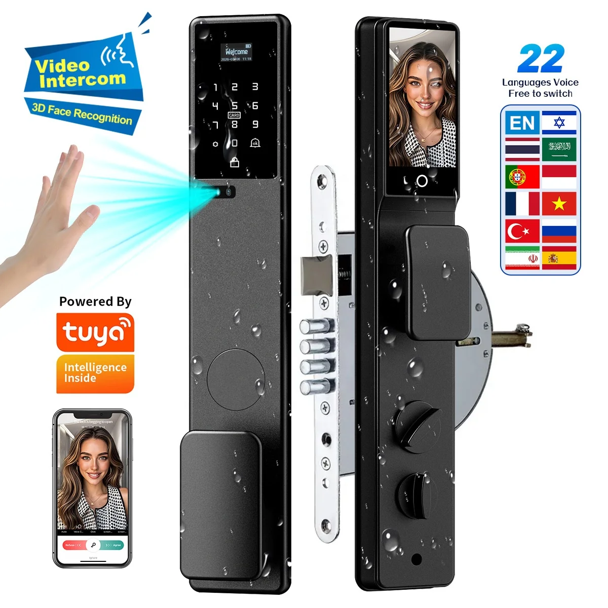HanDaily Waterproof 3D Face Recognition Palm Face Recognition Door Lock Video Talking Tuya Smart Locks with Israeli Mortise