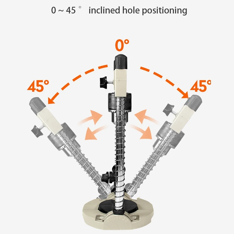 

Professional Precision 45-90 Degree Angle Adjustable Drill Guide Attachment With Chuck Drill Holder Stand Drilling Guide