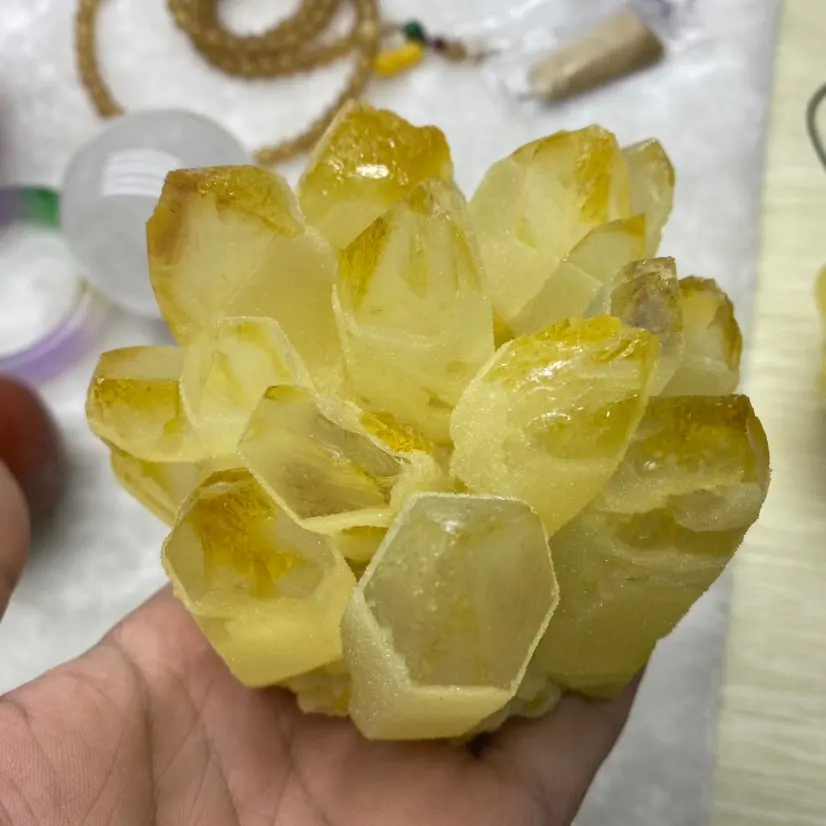 750g New Find Natural Beatiful Yellow Tibetan Quartz Crystal Cluster Specimen