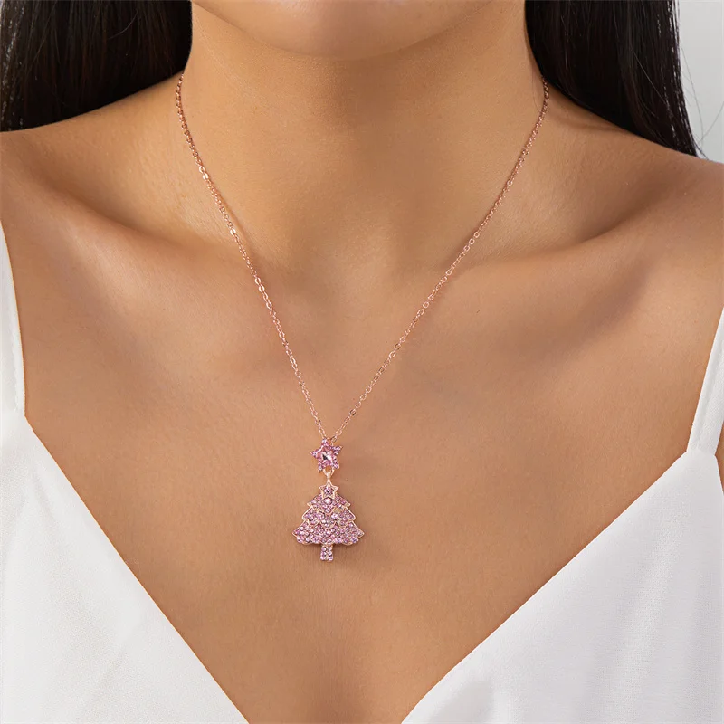

Christmas Tree Rhinestone Star Delicate Metal Pendant Necklace for Women Sparking Snowflake Festival Party Charming Jewelry Gift