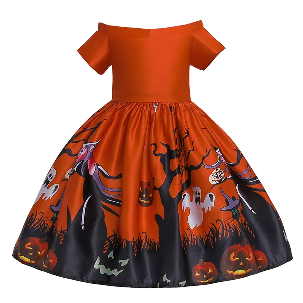 Nieuwe Halloween Patroon Meisjes Heks Jurk Kinderen Carnaval Party Kostuum Pompoen Cosplay Prinses Jurk 5-12 Jaar