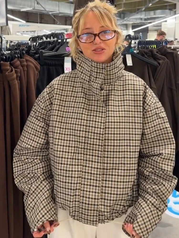 Classic Brown Check Plaid Cropped Coats Women Chic High Neck Zipper Zipper Loose Oversized Jackets Vintage Casual Warm Outerwear