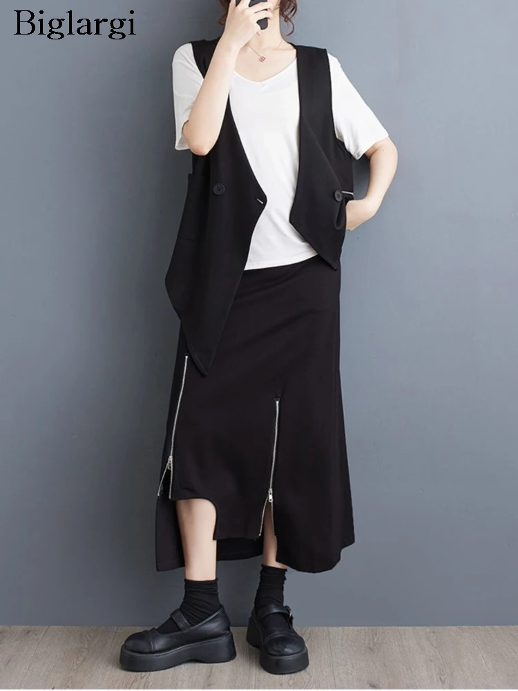 

Oversized Summer New 2 Two Piece Set Women V-Neck Casual Sleeveless Ladies Vests Tops Bodycon Fashion Irregular Woman Midi Skirt