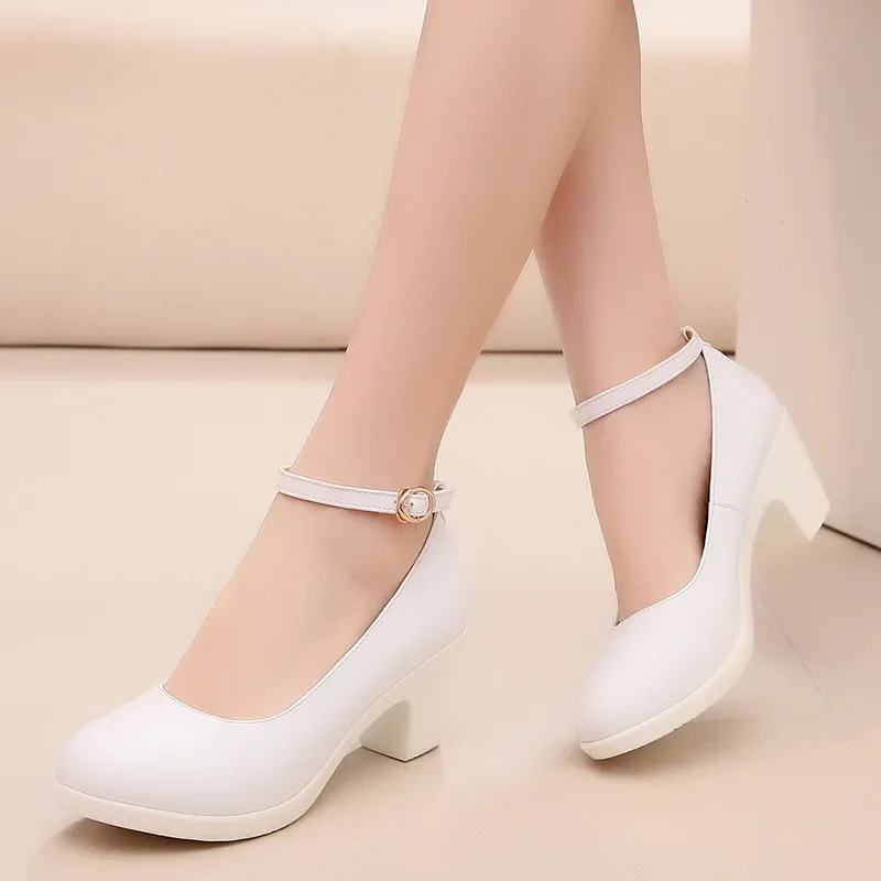 

4.5cm 6cm Small Size 33-43 Comfortable Ankle Buckle Shallow Genuine Leather Shoes 2025 Fall Med Block Heels Platform Shoes Mom