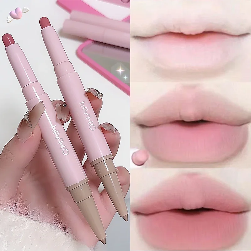 Lápiz labial mate de doble cabeza, resistente al agua, terciopelo, delineador de labios rosa desnudo, pigmento Sexy rojo marrón, maquillaje de labios, tinte de labios de larga duración