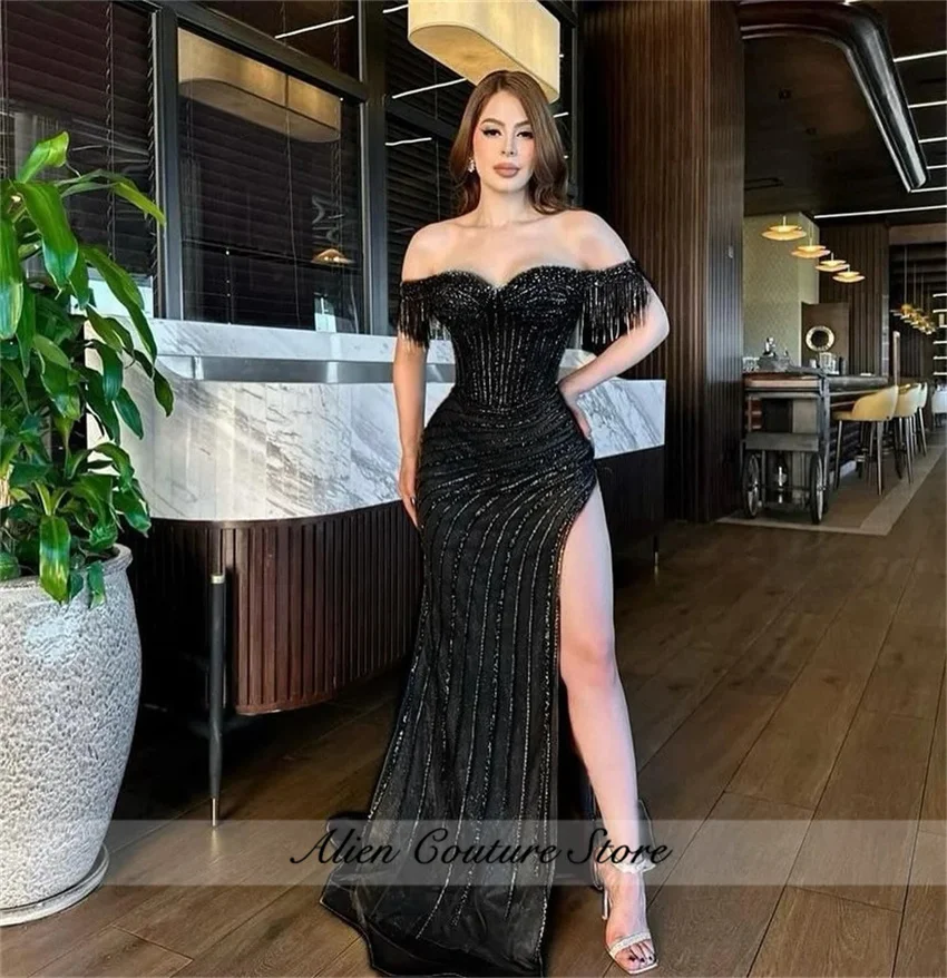 

Glitter Black Evening Dresses 2025 Beading Sequins Crystals Wedding Party Gowns Senior Prom Gown Side Split Birthday Customized