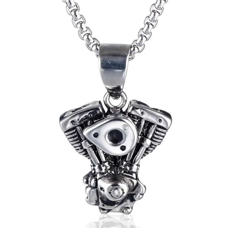 1pc Men\'s Vintage Motorcycle Stainless Steel Necklace, Punk Gothic Motorcycle Engine Pendant