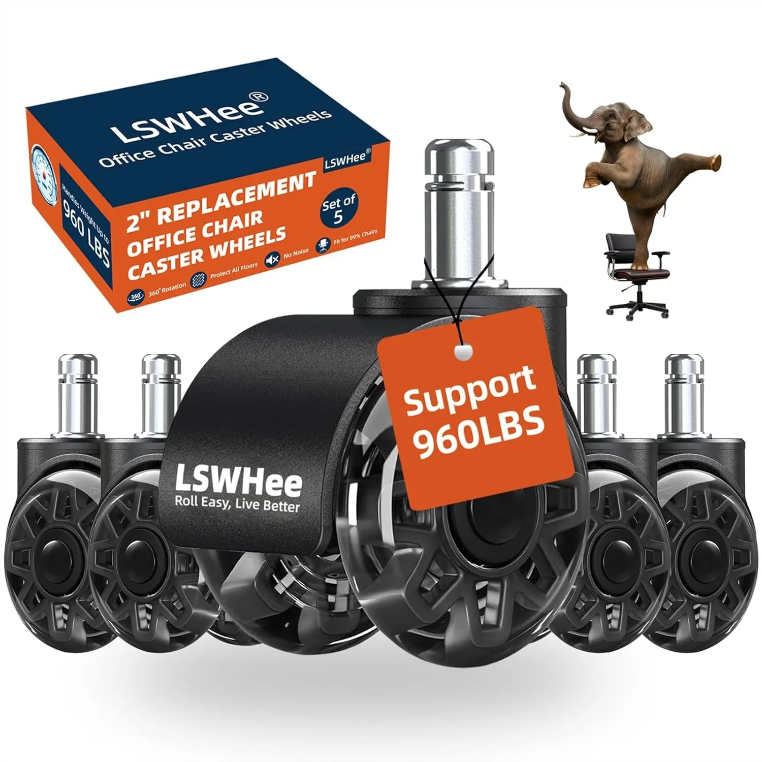 

2'' Office Chair Wheels, Heavy Duty Caster Wheels Replacement, Mute Rubber Rollers for Hardwood Floors & Carpet, Universal Stem