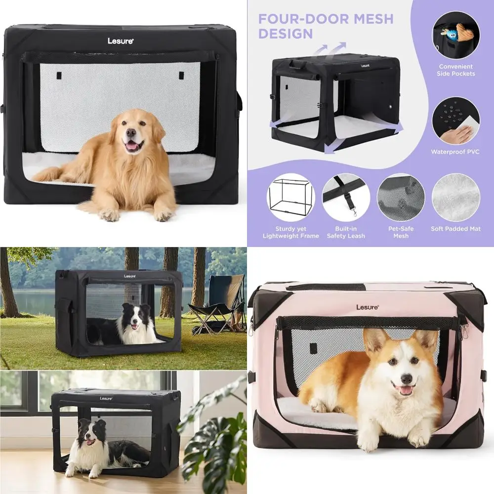 

Portable Extra Large Dog Crate for Travel - 4-Door Collapsible Kennel with Mesh Windows, Suitable for Indoor and Outdoor Use