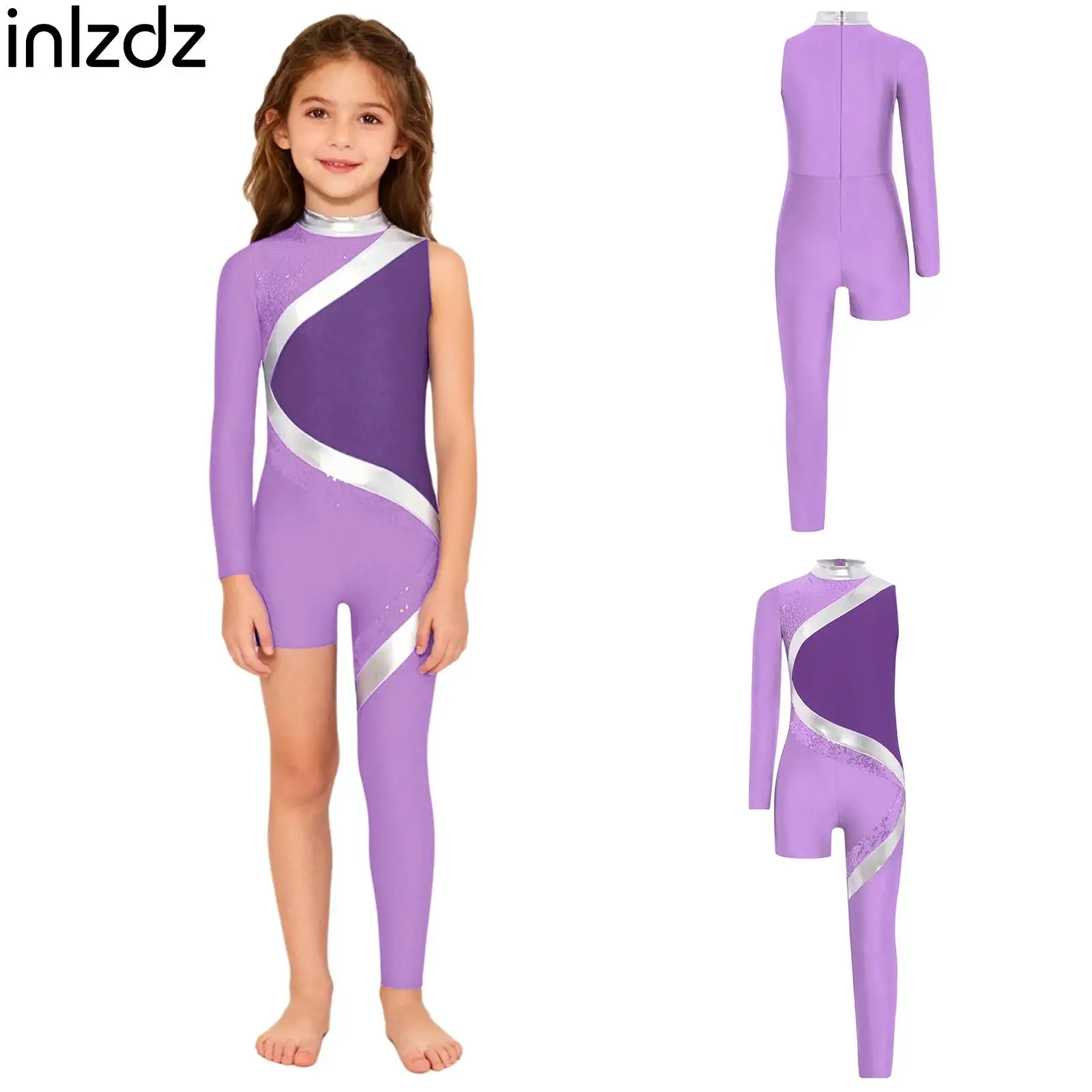 

Kids Girls Athletic Figure Skating Dance Costume Ballerina Dancewear Shiny Sequins Color Block Asymmetrical Gymnastics Jumpsuit
