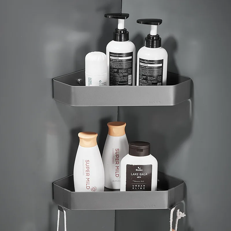 Gun Grey 304 Stainless Steel Bathroom Corner Rack Shower Storage Rack Black/Chrome Triangle Basket Wall mounted With Hook