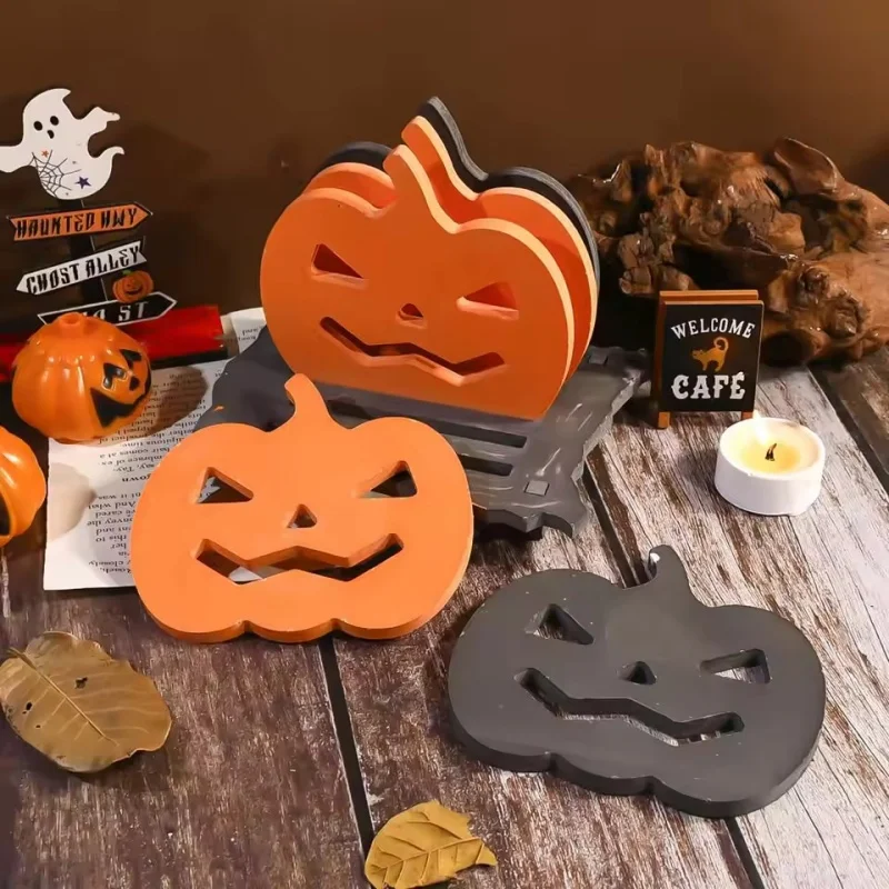 Halloween Coaster Silicone Mold Set DIY Hollow Skull Pumpkin with Stand Candle Coffee Cup Base Gypsum Resin Mold Home Decor