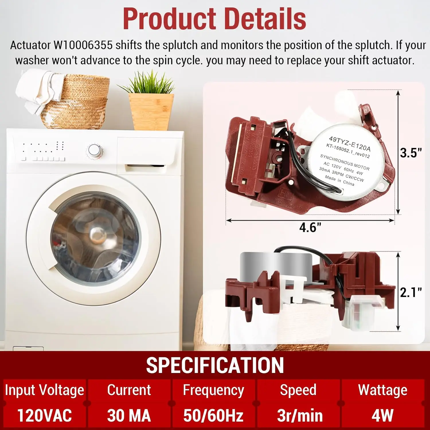 W10006355 Washer Shift Actuator Compatible with Whirlpool Maytag Kenmore Washing Machine Replace WPW10006355 AP4514409 AP6014711