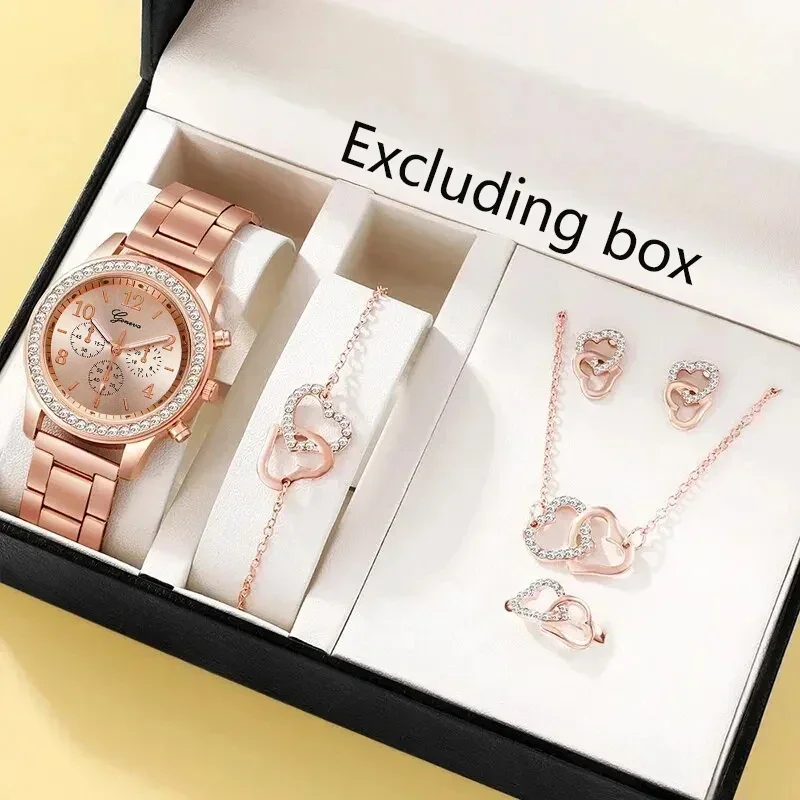 6PCS Set Rose Gold Luxury Watch Mulheres Anel Colar Brinco Rhinestone Moda Relógio de pulso Casual Ladies Pulseira Relógios