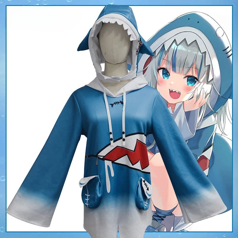 ANIMECC في المخزون Gawr Gura Shark أزياء تنكرية Hololive Vtubers شعر مستعار تأثيري قبعة الذيل مجموعات كاملة ملابس الهالوين للنساء