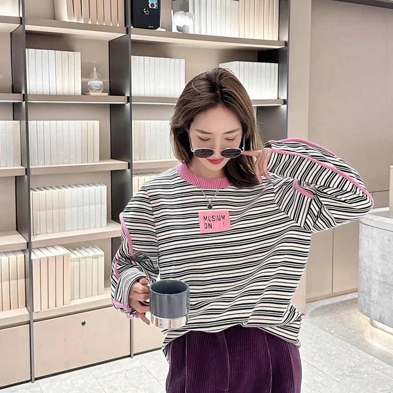 New Striped Sweatshirts Women Korean Fashion O-Neck Letter Patchwork Loose Long Sleeve Pullovers Daily Casual Basics Tops Female