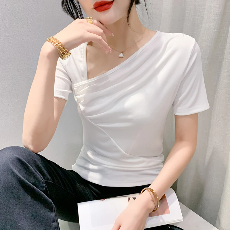 Camiseta feminina slim fit ort sve gola assimétrica verão novo sle design europeu sentido irt linha dobrável topo