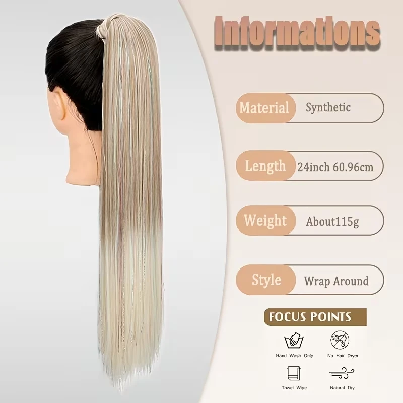 24Inch Synthetic Long Straight Glitter Tinsel Color Highlights Ponytail Hair Extension for Daily Wear Halloween Costumes Party