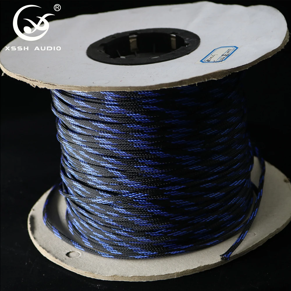 Blue Black Contrast PET Braided Cable Sleeve, Shock Absorbing Anti-Vibration Expandable Mesh Tube for Auto Gaming PC HIFI Wiring