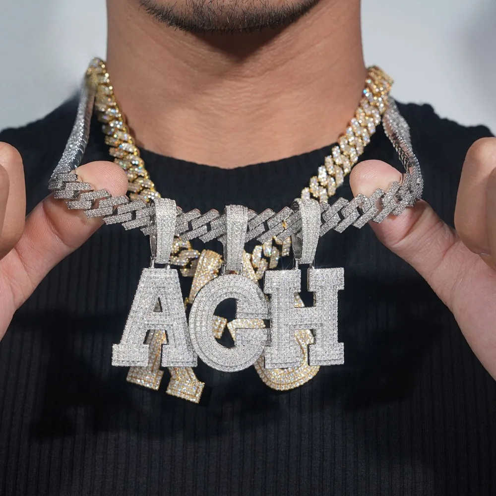 

Hiphop Iced Out Moissanite 26 Letters Pendant 925 Sterling Silver Rock Men Jewelry Cuban Tennis Chain Pendant Macth 10mm Chain
