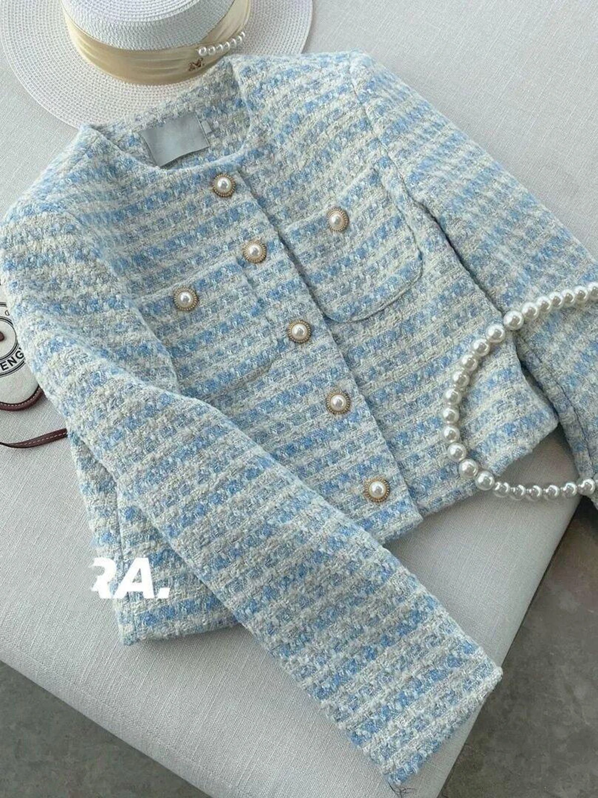 

Elegant Tweed Jacket Women Spring Autumn 2024 New Sweet Pearl Button O-Neck Cardigan Fashion Long Sleeve Loose Short Top