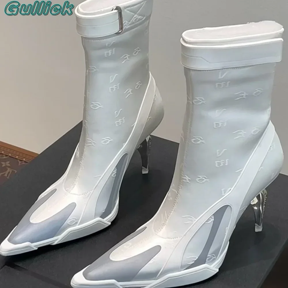 

Gullick Patchwork Print Pointed Toe Boots High Heels Slip On Dagger Design Cover Heel Mid-Calf Boots Strange Heel New Arrivals