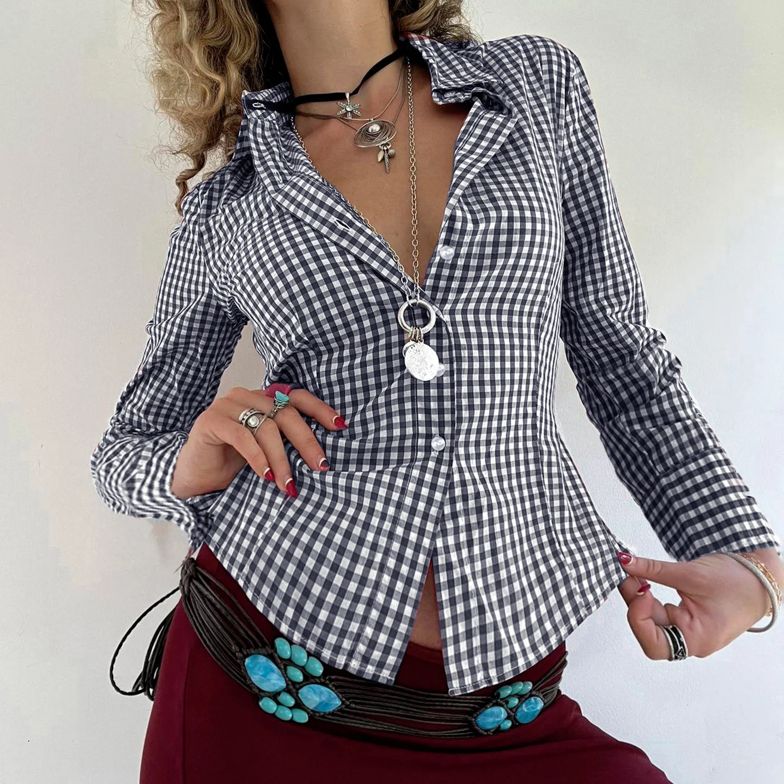 قمصان نسائية ذات ياقة مطبوعة منقوشة عصرية بأكمام طويلة وأزرار سفلية بقصة ضيقة لربيع وخريف ملابس الشارع