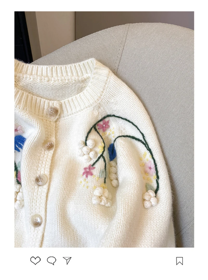 Bomon Heavy Embroidery flower knitted Cardigan lovely woman 2024 early autumn new pure and gentle temperament thickened sweater