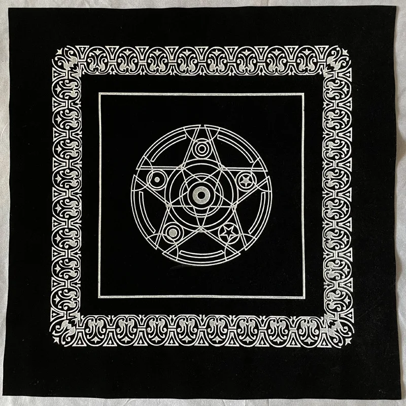 VIKAMA Silver Magic Circle Tarot Altar Cloth Black Velvet Witchcraft Divination Mat for Tarot Reading Spiritual Ritual Decor