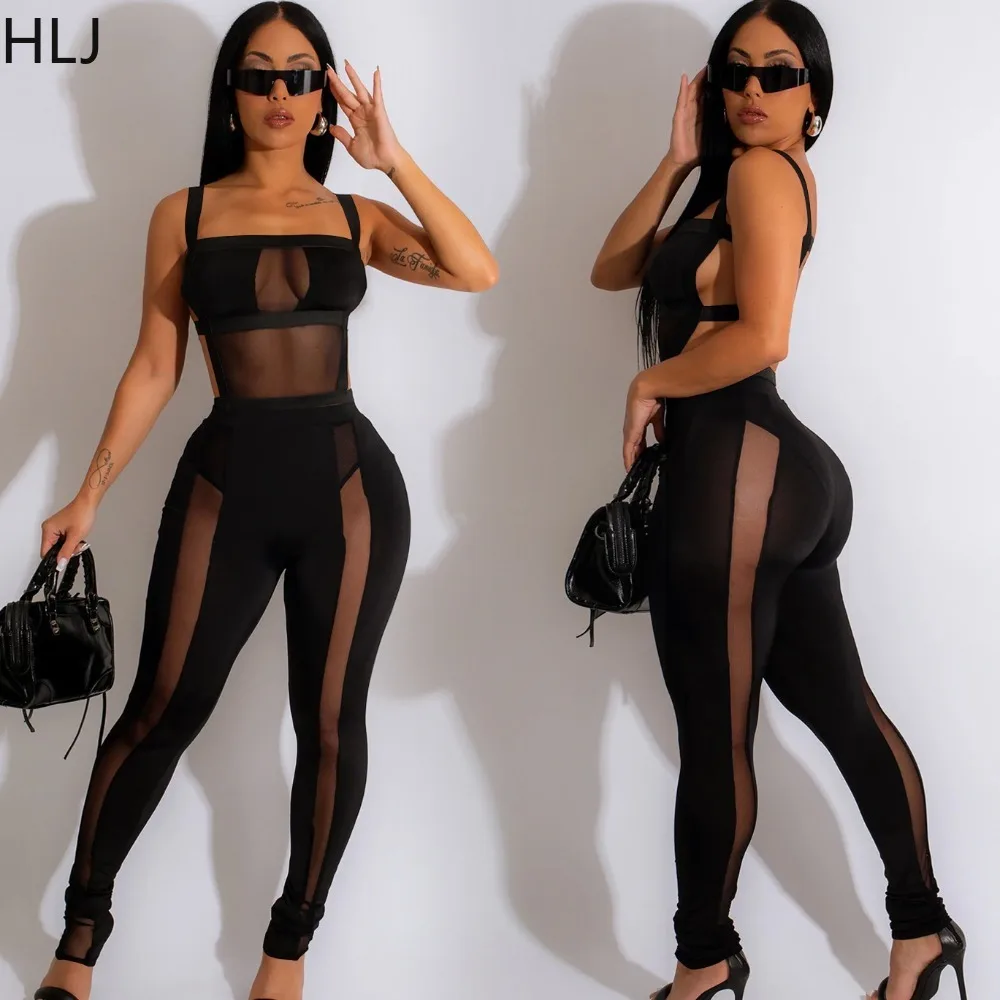

HLJ Black Sexy Mesh Perspective Bodycon Jumpsuits Women Thin Strap Sleeveless Backless Slim Playsuit Female Hollow Overalls 2024