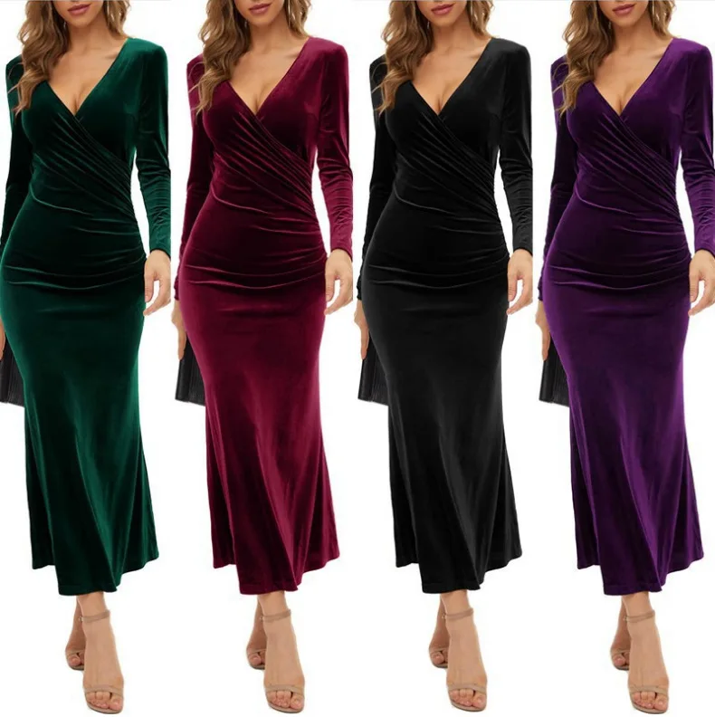 New fashion autumn and winter women's velvet V-neck pleated wrap hip skirt elegant fishtail slim dress evening dress