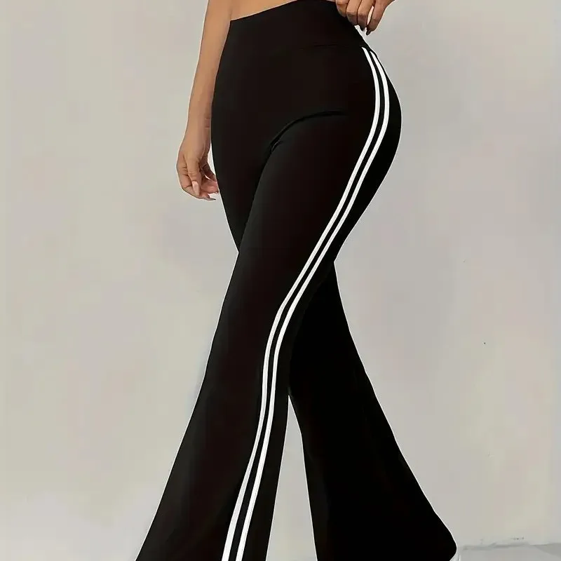Women's Casual Sports Flared Pants, Side Stripe Design, High-Waisted and Hip-Lifting, Suitable for All Seasons, Slim-Fit Long Pa