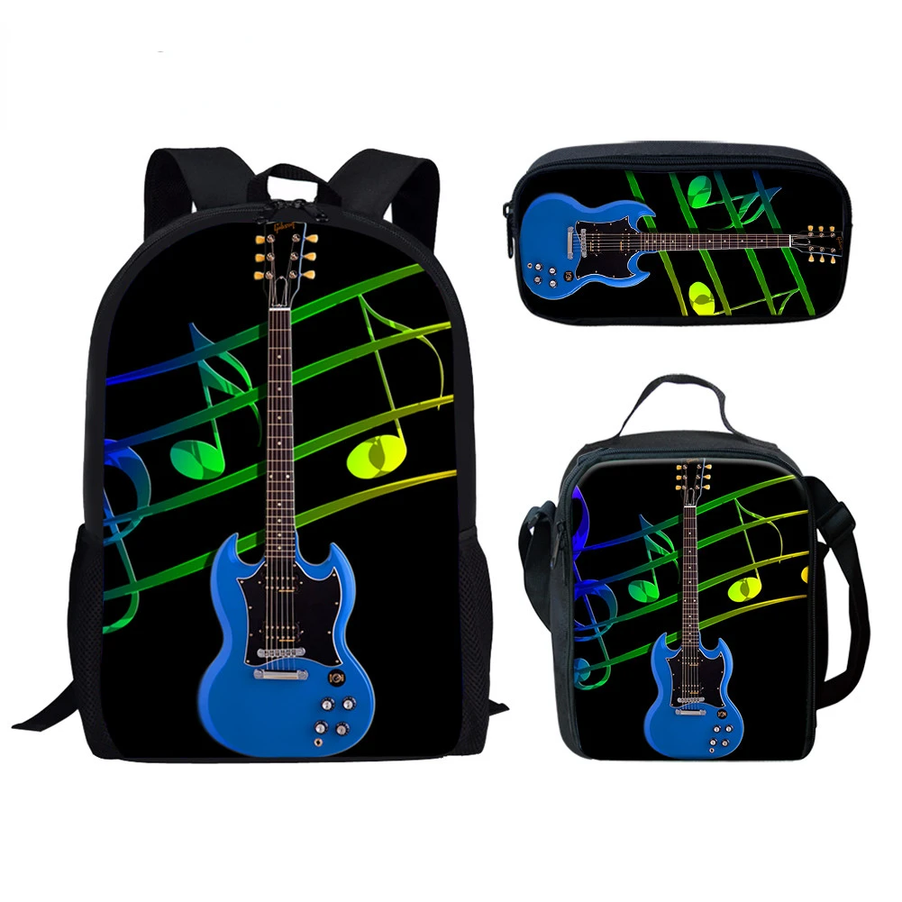 Funny Music Guitar 3pcs/Set Backpack 3D Print School Student Bookbag Anime Laptop Daypack Lunch Bag Pencil Case Kids Gifts