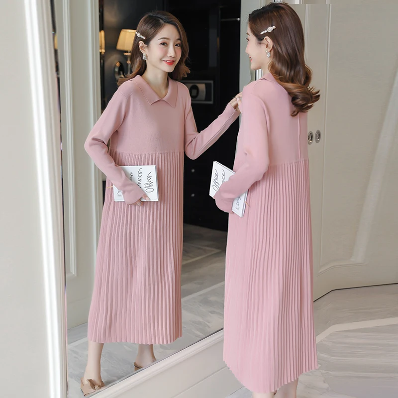 Autumn Winter Thick Warm Knitted Maternity Long Dress Sweet Clothes for Pregnant Women Winter Pleated Pregnancy Sweaters