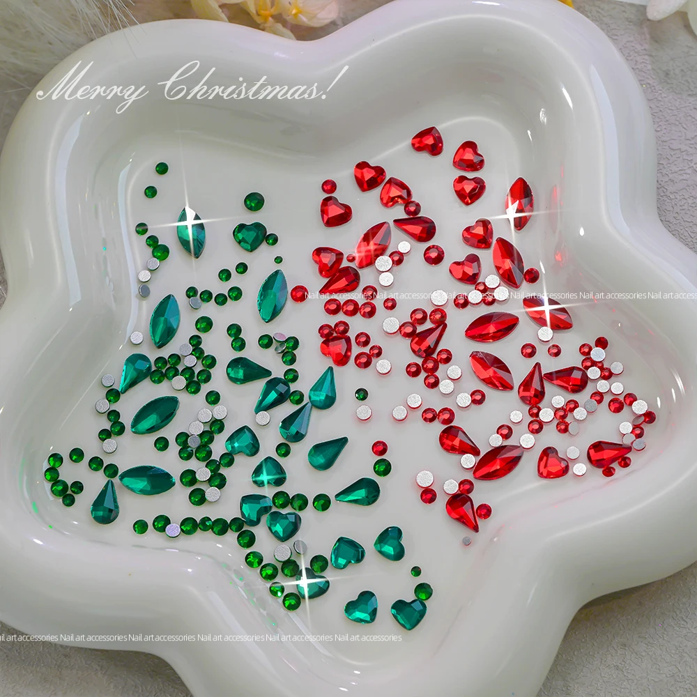 1박스 레드 & 그린 축제 색상 쥬얼리 제작 네일 참 크리스마스 플랫 백 네일 라인스톤 논핫픽스 글래스 네일 용품*