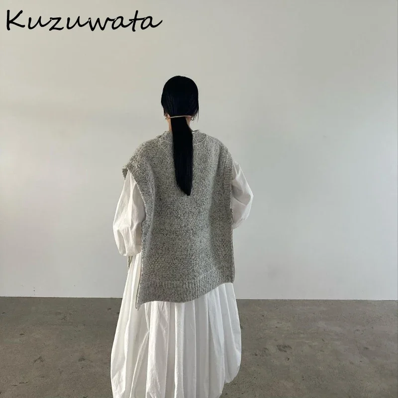 Kuzuwata Lazy Collarless Sleeveless Woman Sweaters Loose Pullover Zip Soft Casual Women Clothing Japan Knit Moda Sweater Vest