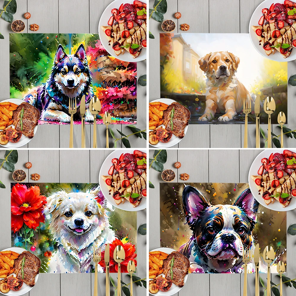 Paint Splash Oil Painting Dog Table Mats for Dining Watercolor Animal Placemat Linen Waterproof Coaster Set Kitchen Dish Pads