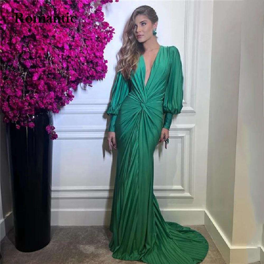 

Romantic Green Satin A Line Evening Dress Full Sleevs V Neck Long Prom Gowns 2022 Floor Length Formsl Party Vestido de festa