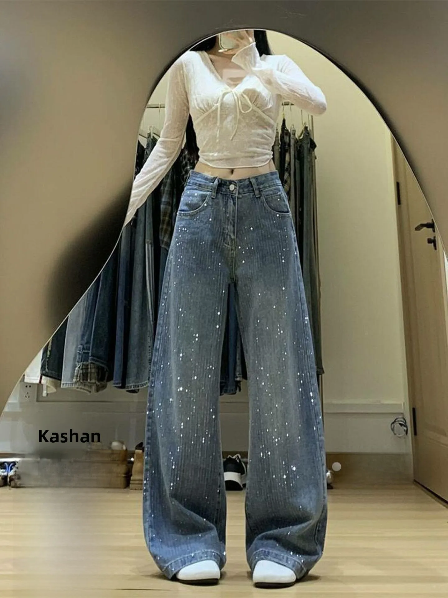 

Glittering Diamond Embellished Loose Wide Leg Jeans Women's Summer 2026 New Vintage Thin Straight Cut Trousers Casual High Waist