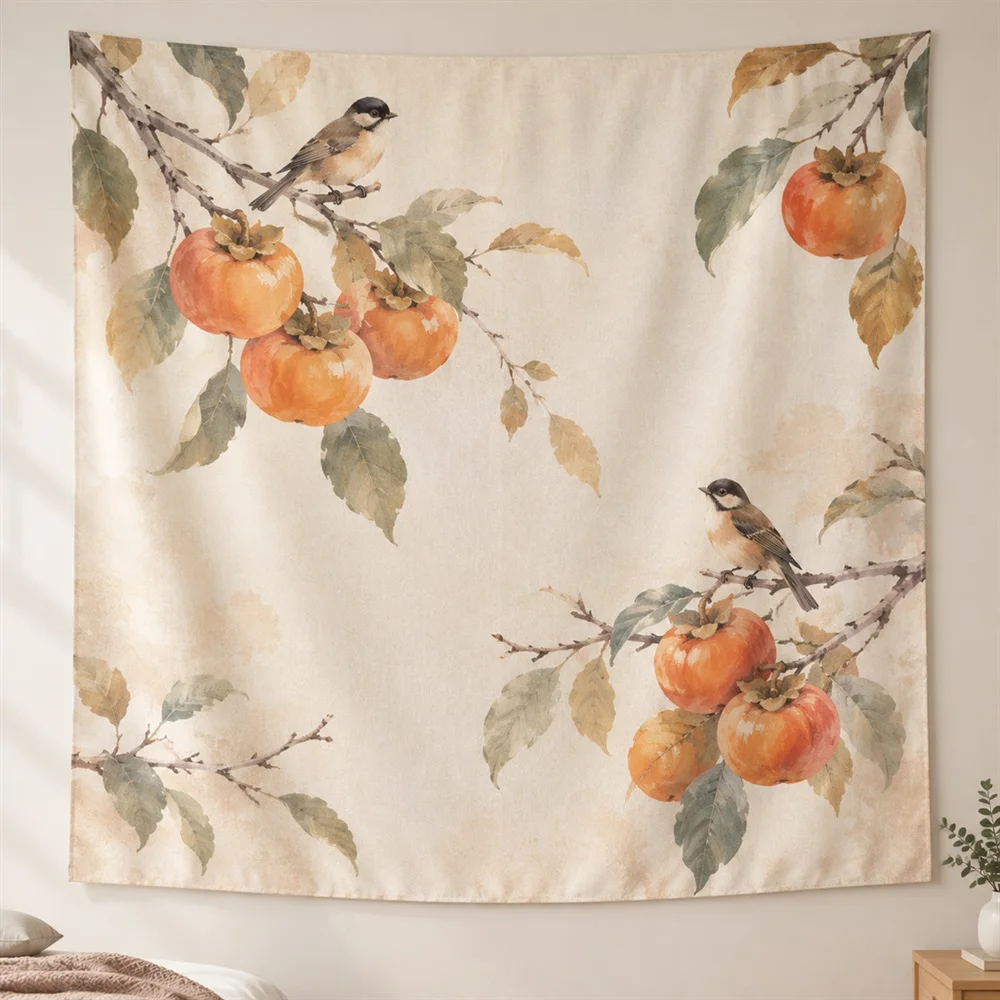 VIKAMA Persimmon and Bird Clustered Groups Tapestry Wall Hanging, Korean Wall Decor Tapestries for Living Room Bedroom Kids Room