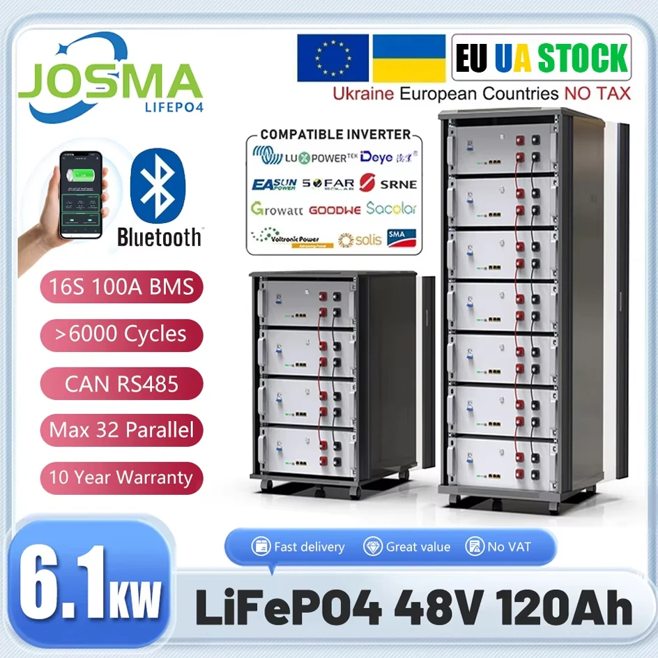 

LiFePO4 48V 120Ah 6Kwh Battery Pack 6000 Cycles Bluetooth Smart BMS 51.2V 100Ah 150Ah 200Ah 12V 24V Lithium Battery EU UA NO TAX