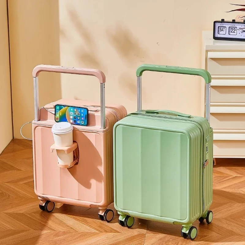 Rolling Front Open Trolley Case Luggage Travel Suitcase 18 Inch Boarding  Multifunctional Small Trunk Password with Cup Holder